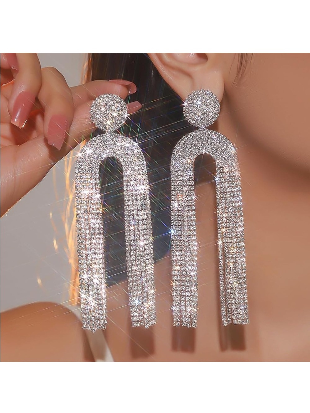 Octwine Long earrings with rhinestone tassels for women